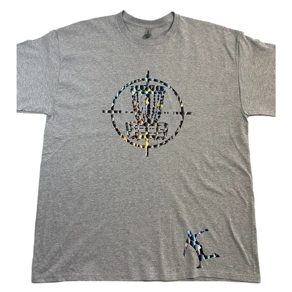 Disc Golf Shirt HOLOGRAPHIC BASKET TARGET Logo XL Graphic T-Shirt Gildan Grey - Picture 1 of 6